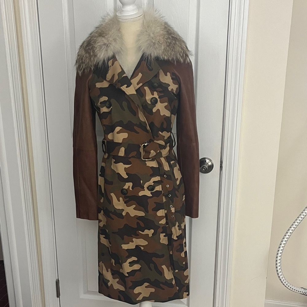 NWT Michael Kors Camouflage Coat with Leather Arms and Fur Collar Size XS